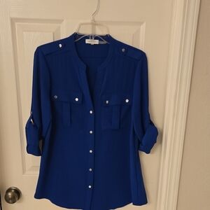 Blue Button Down Shirt with Mandarin Collar and Rolled Sleeves